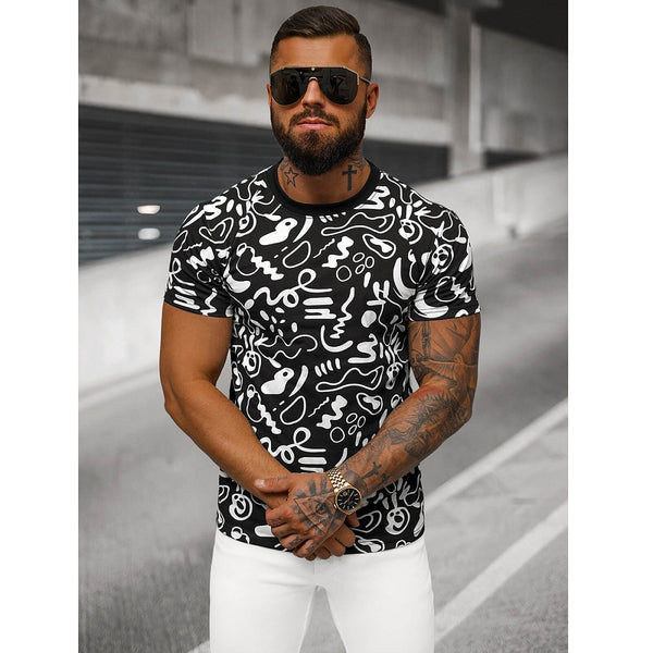 Mönstrad T-shirt - Svart och Vit Herr framifrån
