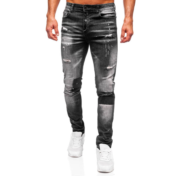 Slitna slim fit jeans - Svarta med målarfläckar