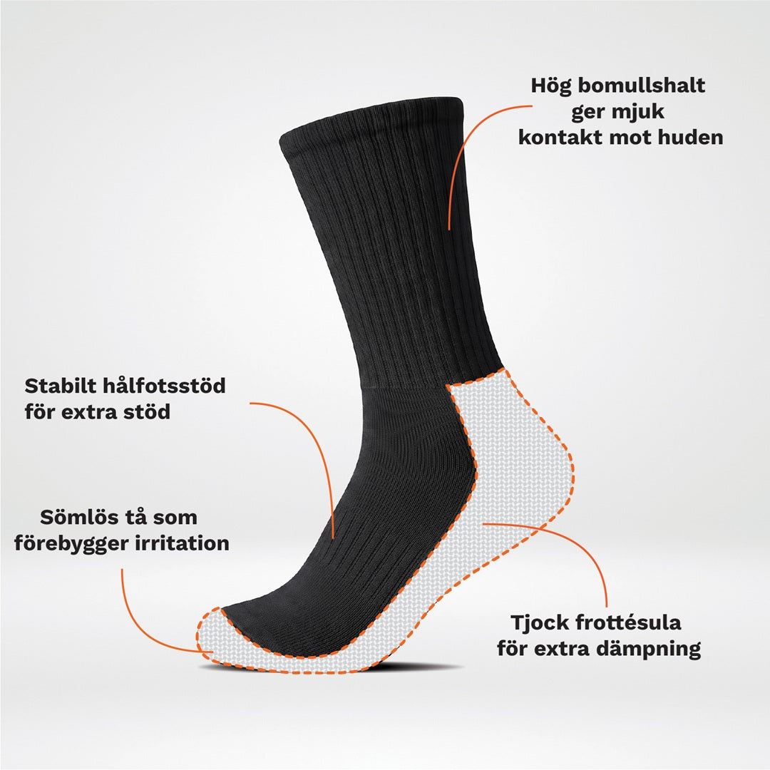 Svart sportstrumpa med tjock frottésula, sömlös tå och stabilt hälstöd