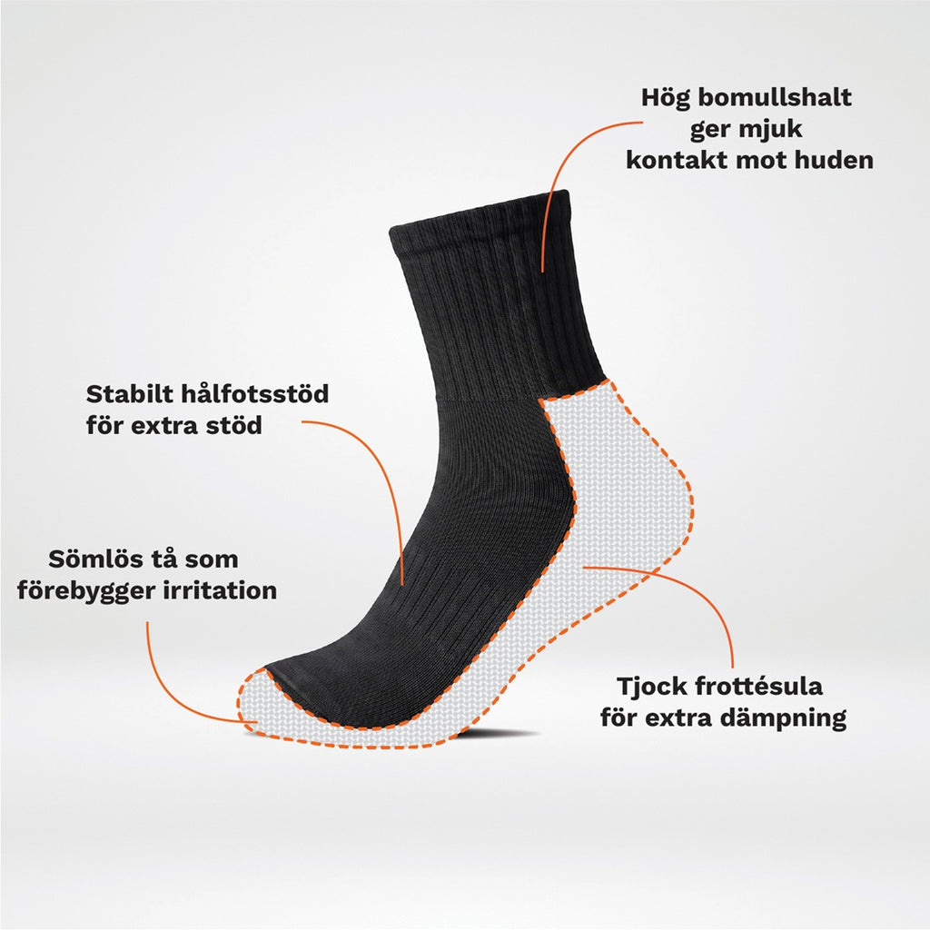 Svart medelhög strumpa med tjock frottésula, sömlös tå och hälstöd