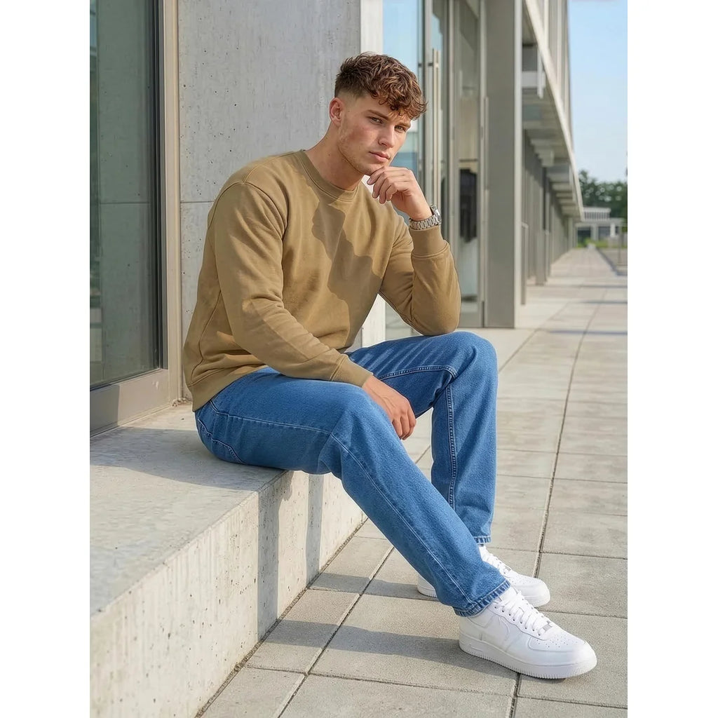 Beige solid herrtröja - billig sweatshirt sittandes modell