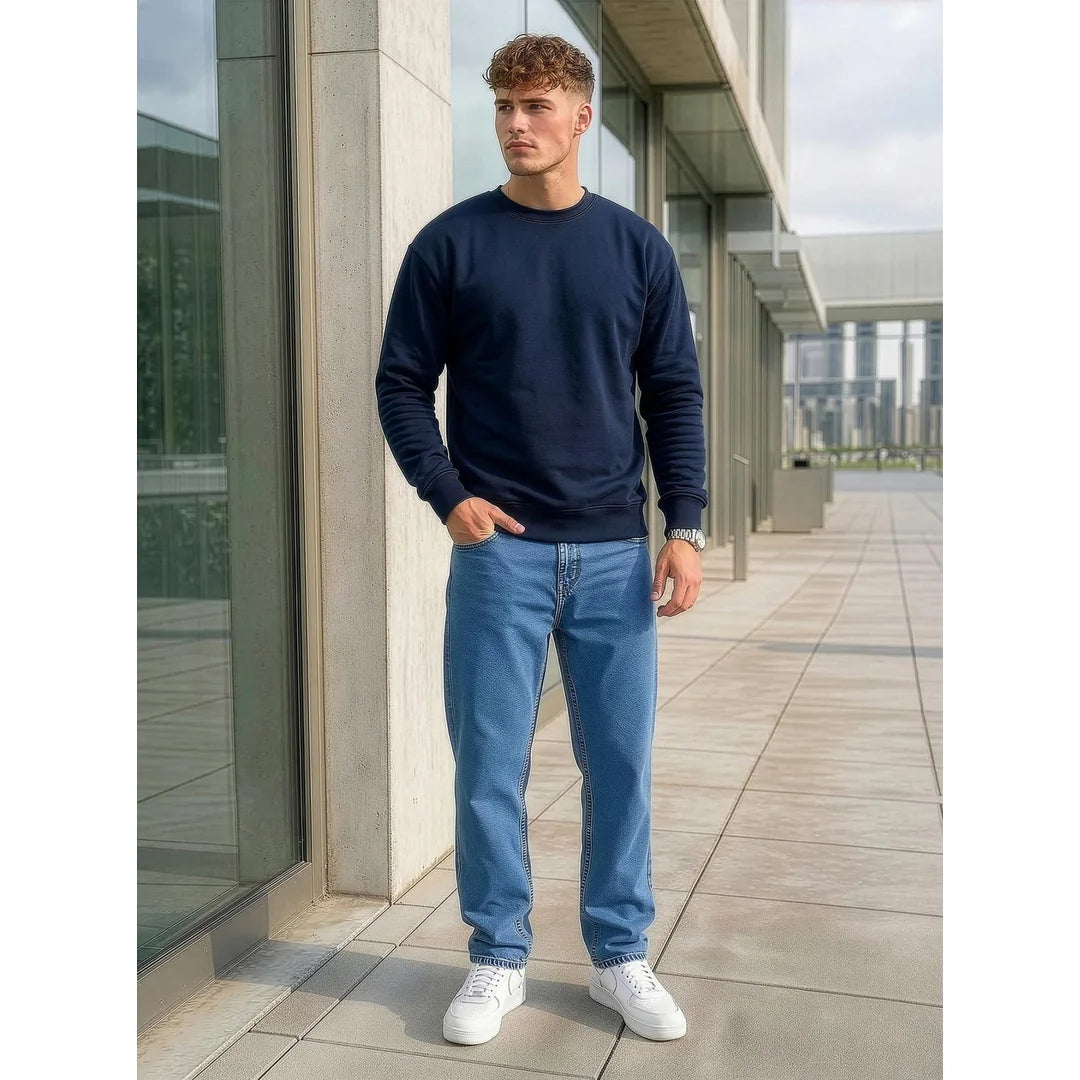 Billig mörkblå sweatshirt herr stående modell