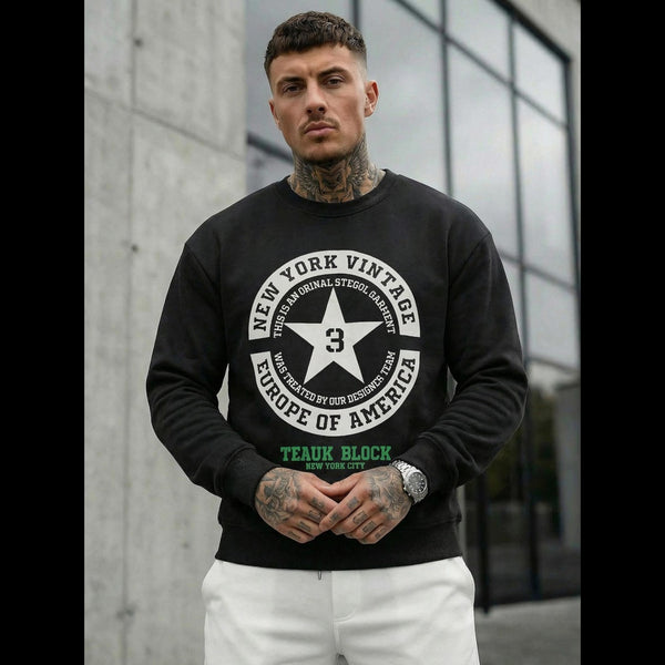 Svart sweatshirt för herr med New York Vintage-tryck