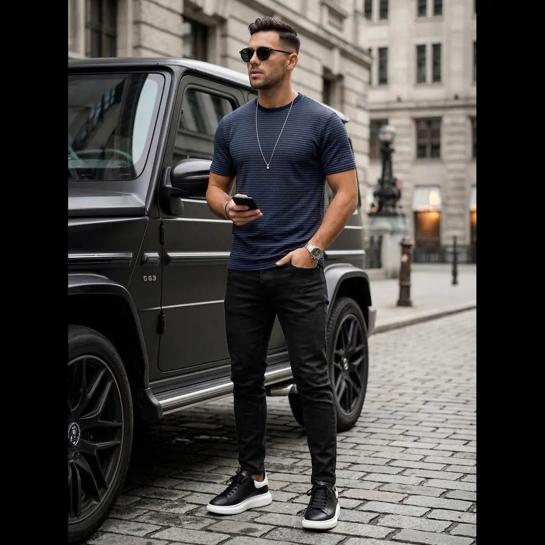 Herrmodell i mörkblå mönstrad t-shirt i bomull matchad med svarta jeans och sneakers