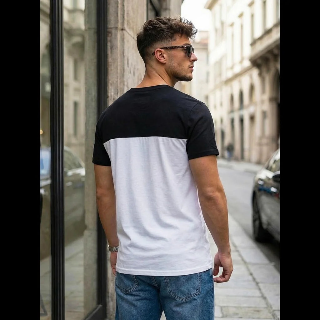 T-shirt herr svart vit colorblock bakifrån