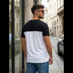 T-shirt herr svart vit colorblock bakifrån
