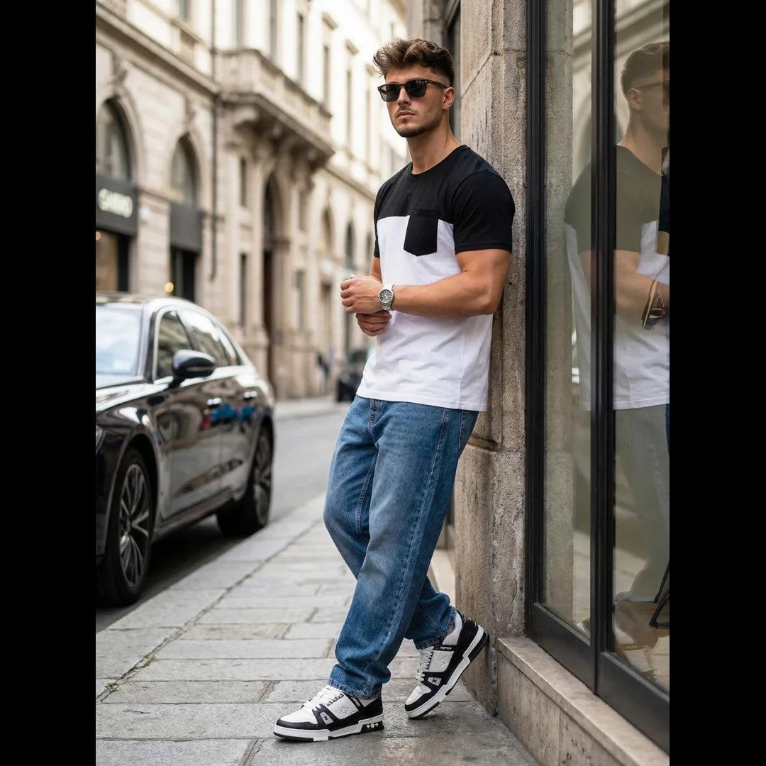 Svart vit t-shirt herr outfit streetwear jeans