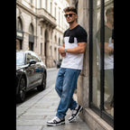 Svart vit t-shirt herr outfit streetwear jeans