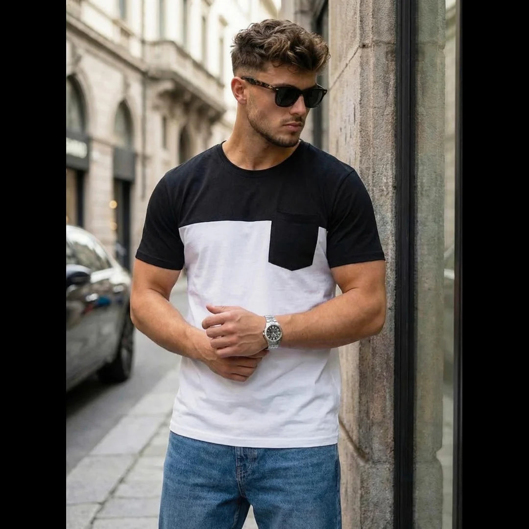 T-shirt herr svart vit colorblock med bröstficka fram