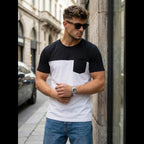 T-shirt herr svart vit colorblock med bröstficka fram