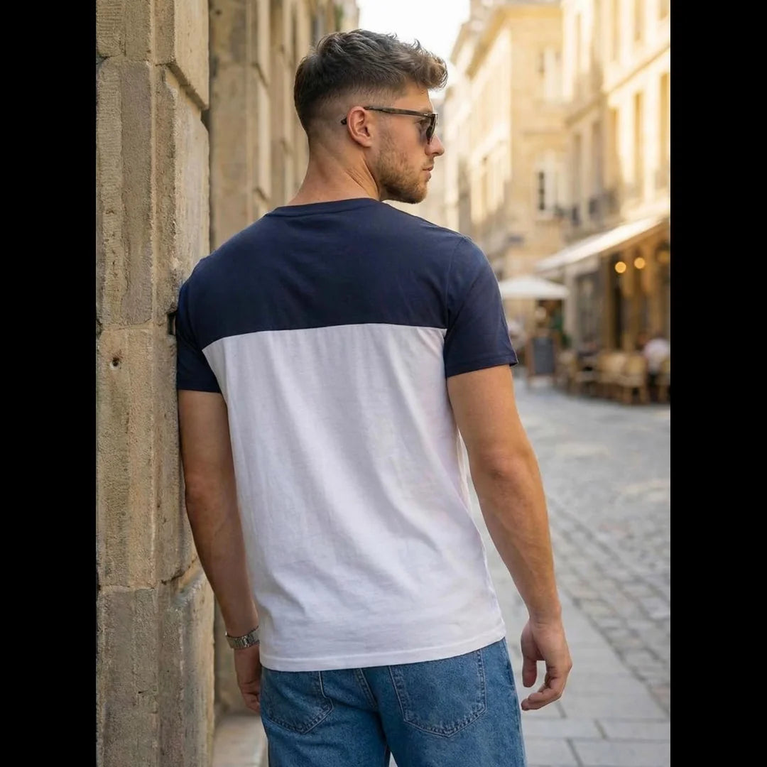T-shirt herr mörkblå vit colorblock bakifrån