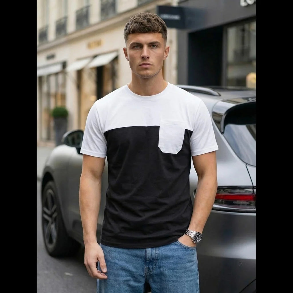 T-shirt herr vit svart colorblock med bröstficka fram