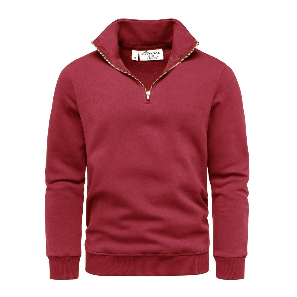 Vinröd sweatshirt herr med half zip och ståkrage – Amaci & Sons