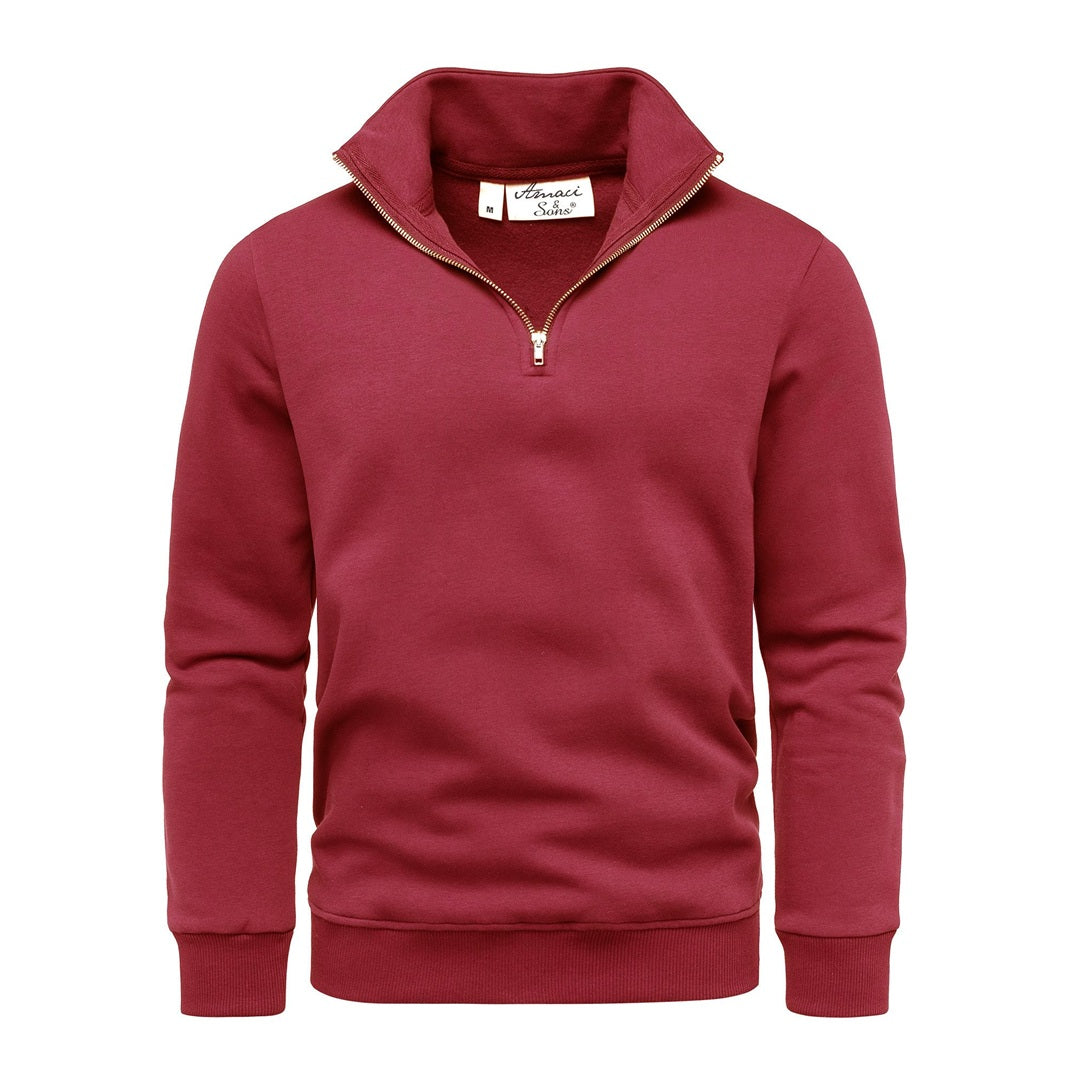Vinröd sweatshirt herr med half zip och ståkrage – Amaci & Sons