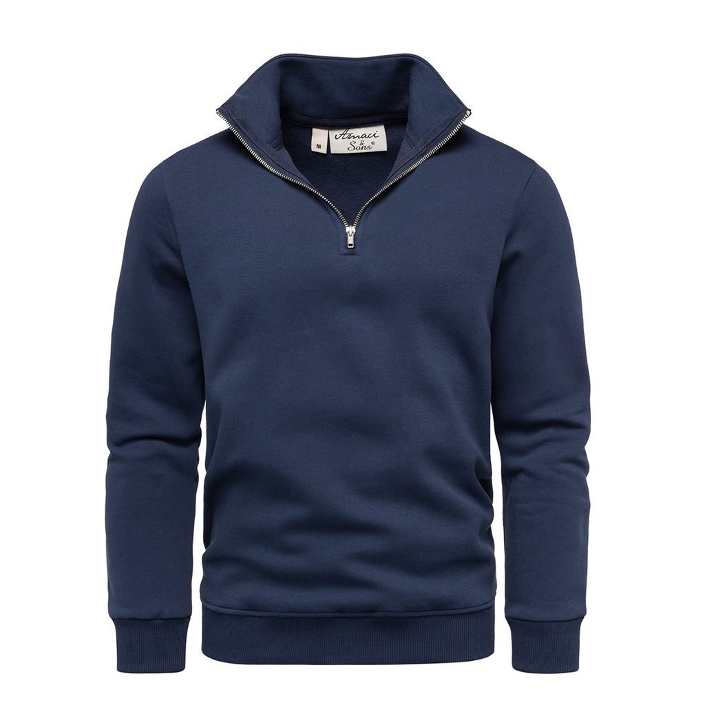 Marinblå sweatshirt herr med half zip och ståkrage – Amaci & Sons