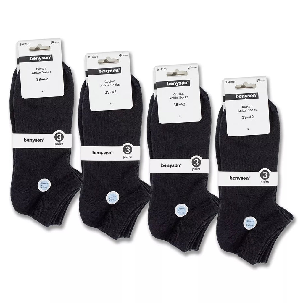 BENYSØN® 12-pack svarta bomullsstrumpor i ankelmodell med fotvalvsstöd och ventilerande mesh
