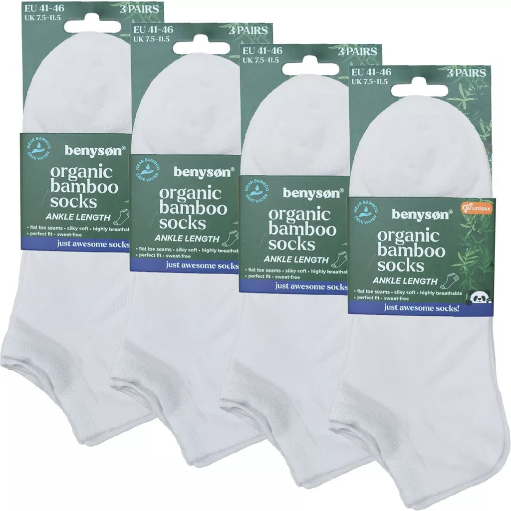 Benyson 12-pack vita bambustrumpor med produktförpackning i flerpack.