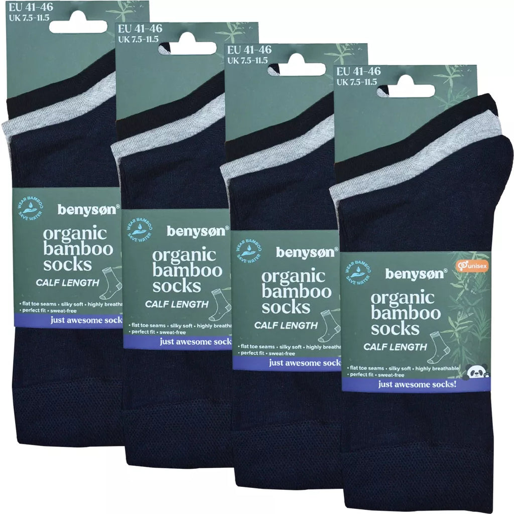 Benyson 12-pack mixade bambustrumpor med skaft i svart, grå och marinblå med produktförpackning.