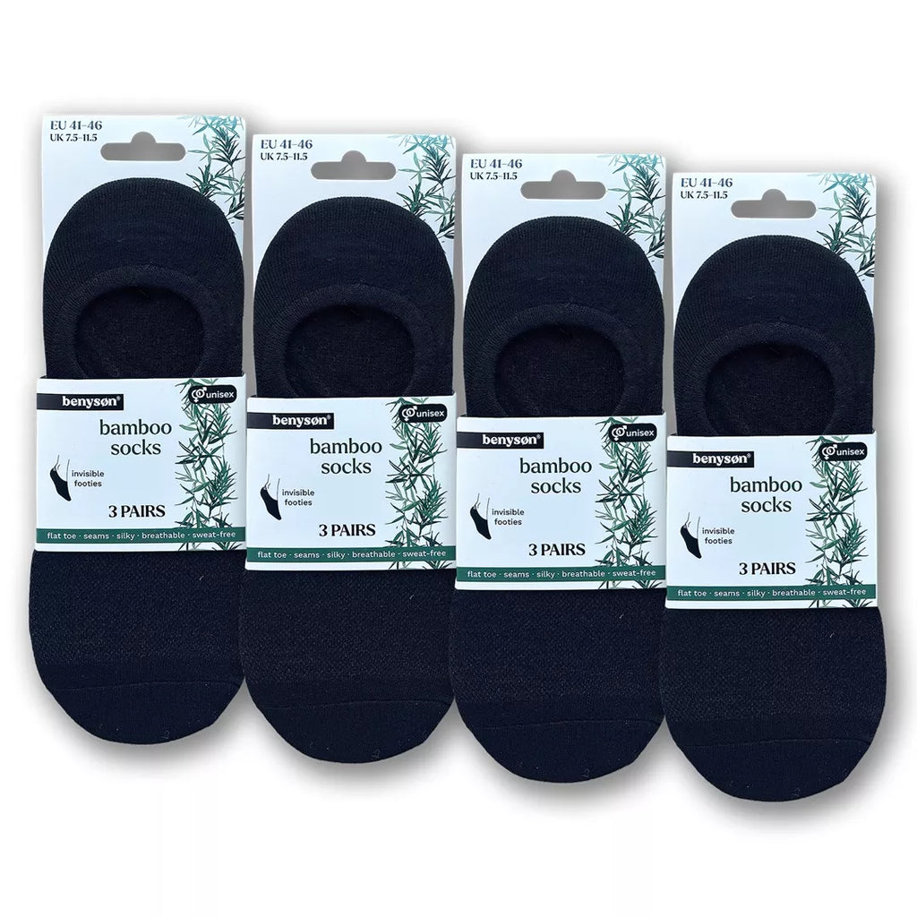 Förpackning med BENYSØN® svarta bambustrumpor Footies 12-pack för herr och dam