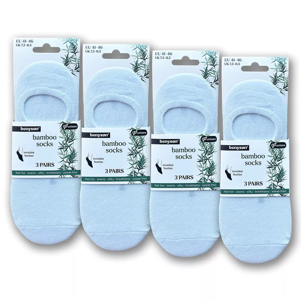 Förpackning med BENYSØN® vita bambustrumpor Footies 12-pack för herr och dam