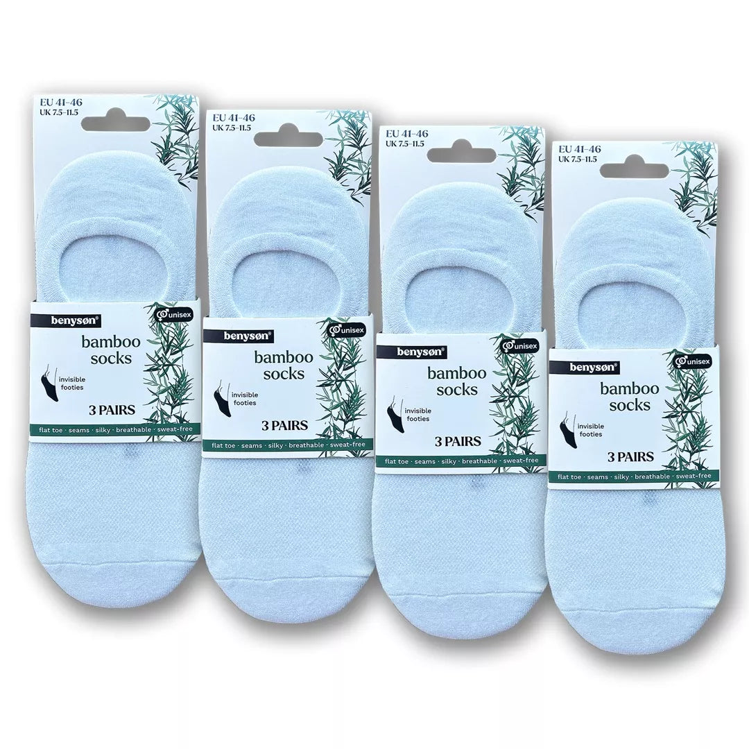 Förpackning med BENYSØN® vita bambustrumpor Footies 12-pack för herr och dam