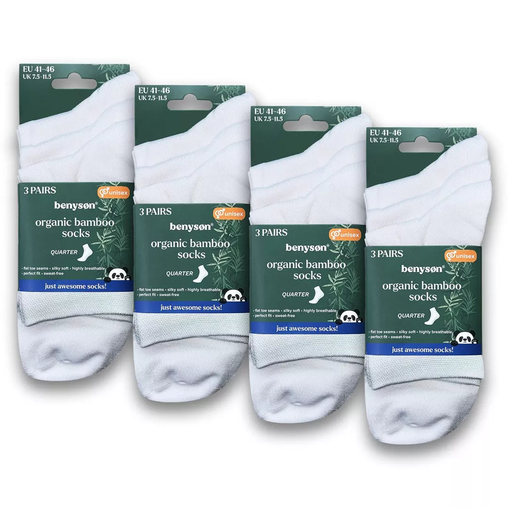 BENYSØN® 12-pack vita bambustrumpor Quarter i storpack för dam och herr
