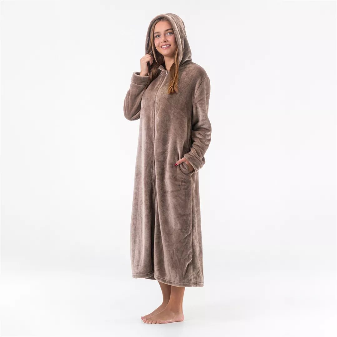 Beige Morgonrock med Dragkedja & Luva för Dam – Extra Lång Fleece Morgonrock från Gaubert® - JHN Sport