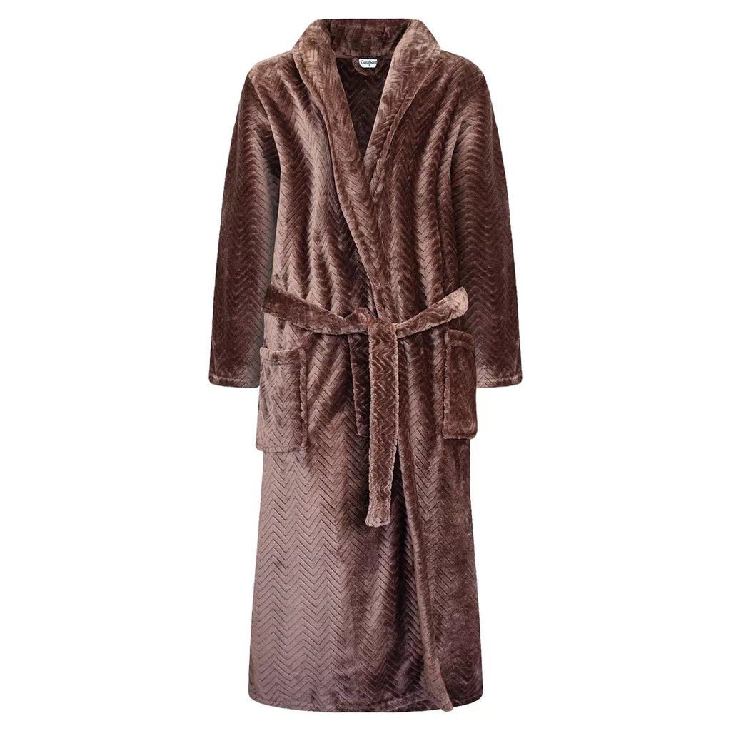 Gaubert® kaffefärgad morgonrock i coral fleece med präglat fiskbensmönster och sjalkrage