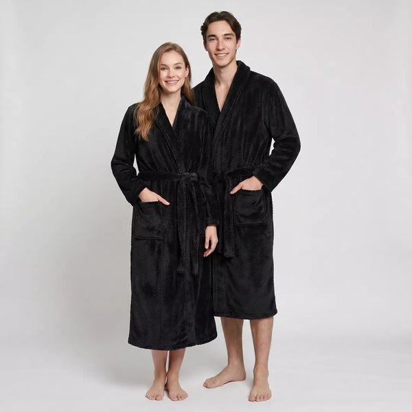 Gaubert® svart unisex morgonrock i coral fleece för dam och herr med extra lång passform.