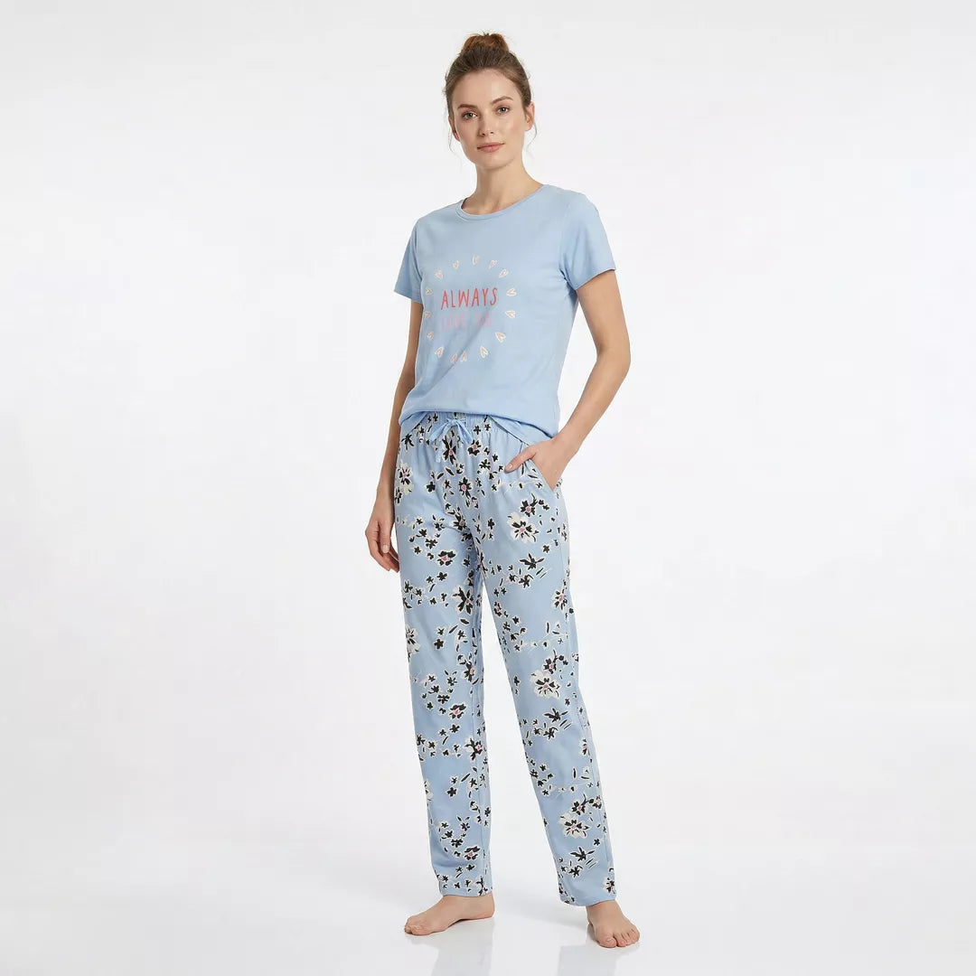 Ljusblå kortärmad pyjamastopp för dam med Always Love You-tryck från Gaubert®
