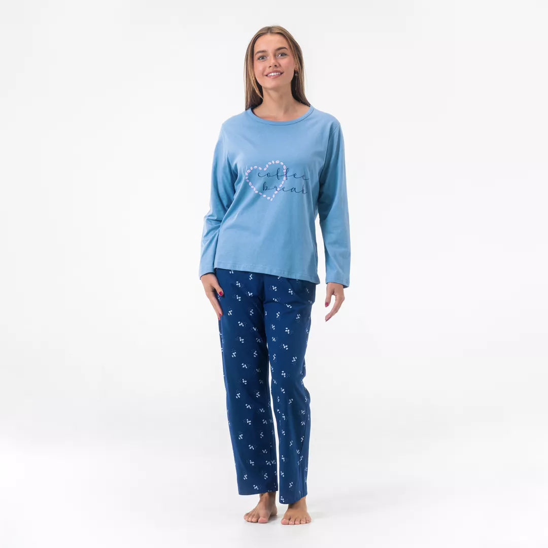Gaubert® pyjamas dam i 100% bomull med ljusblå långärmad tröja och mörkblå pyjamasbyxor