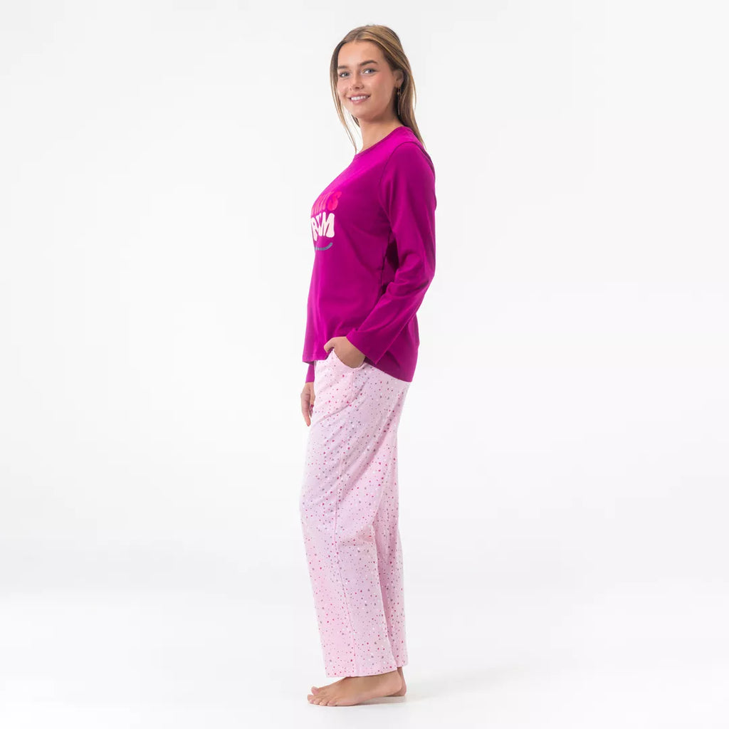Gaubert® pyjamas dam i 100% bomull med rosa långärmad tröja och ljusrosa pyjamasbyxor
