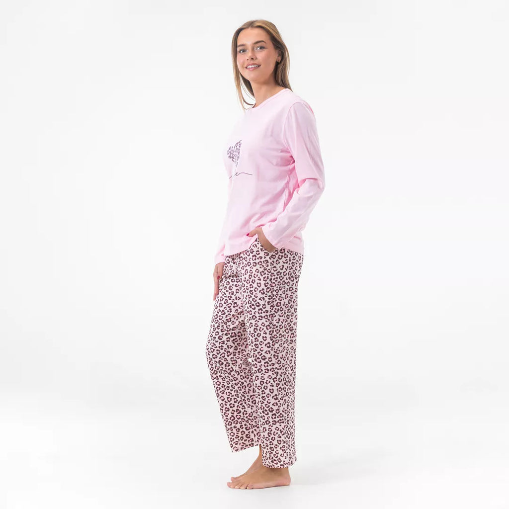 Gaubert® pyjamas dam i 100% bomull med rosa långärmad tröja och leopardmönstrade pyjamasbyxor