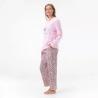 Gaubert® pyjamas dam i 100% bomull med rosa långärmad tröja och leopardmönstrade pyjamasbyxor