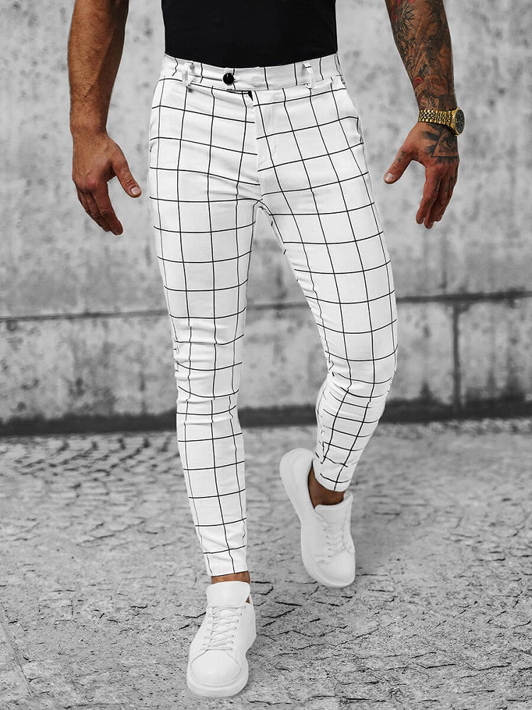 Chinos - Vita Herrbyxor med rutmönster slim-fit framifrån