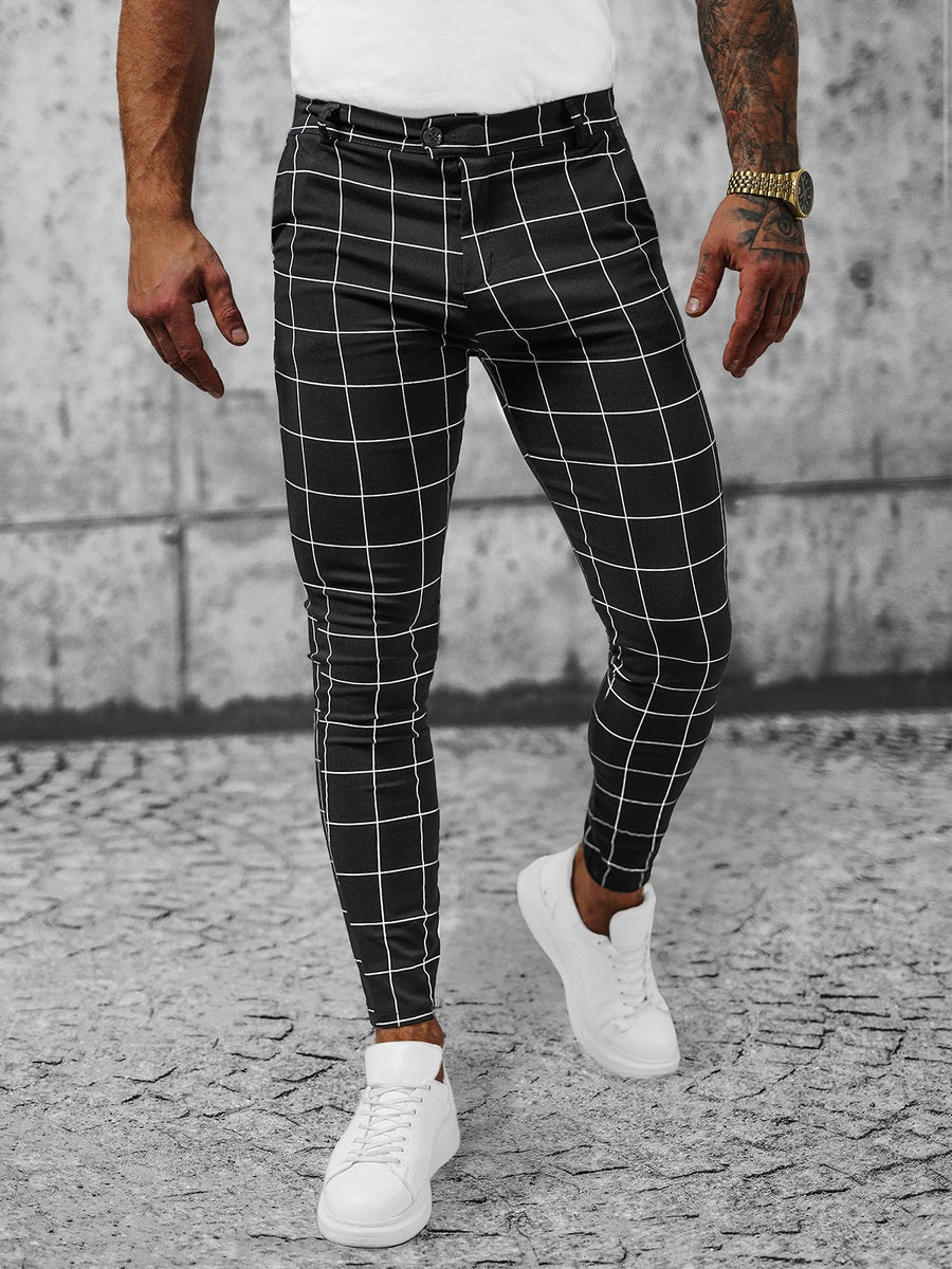 Chinos - Svarta Herrbyxor med rutmönster slim-fit framifrån