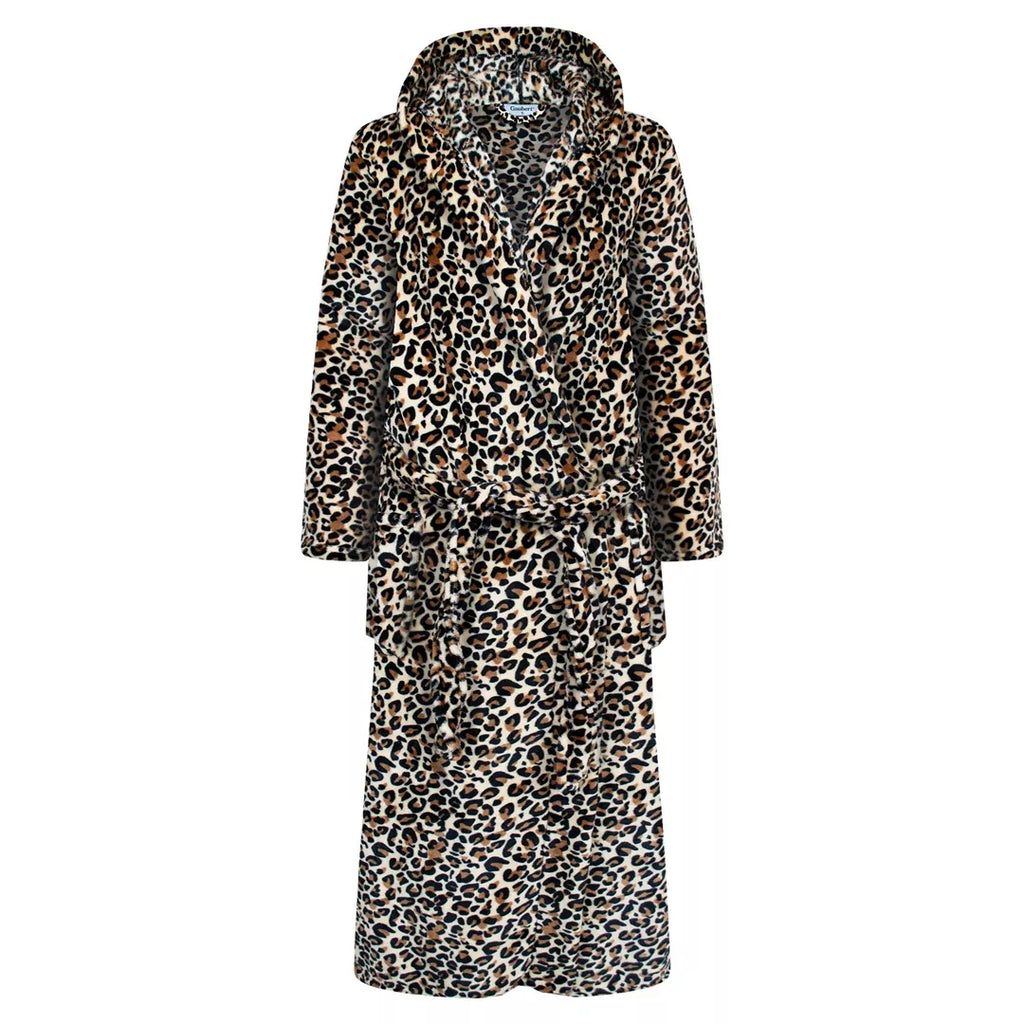 Beige leopardmönstrad fleece morgonrock dam med luva och knytband