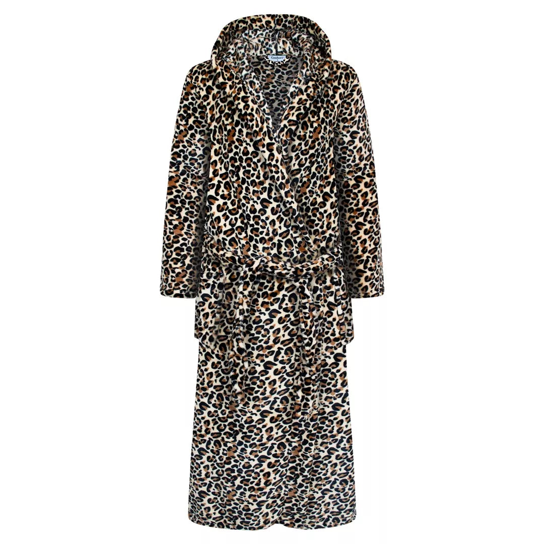 Beige leopardmönstrad fleece morgonrock dam med luva och knytband