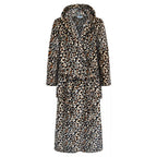 Beige leopardmönstrad fleece morgonrock dam med luva och knytband