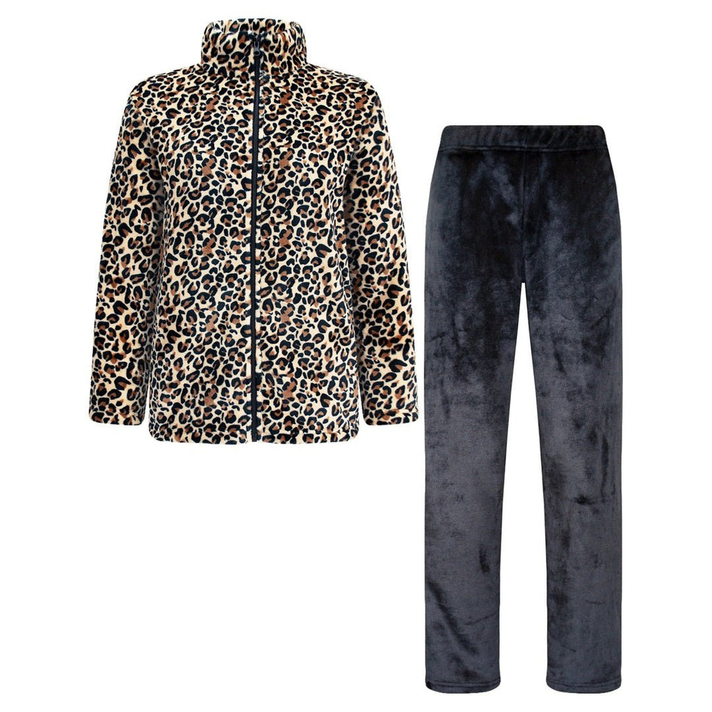 Fleece set dam leopard med tröja och svarta byxor