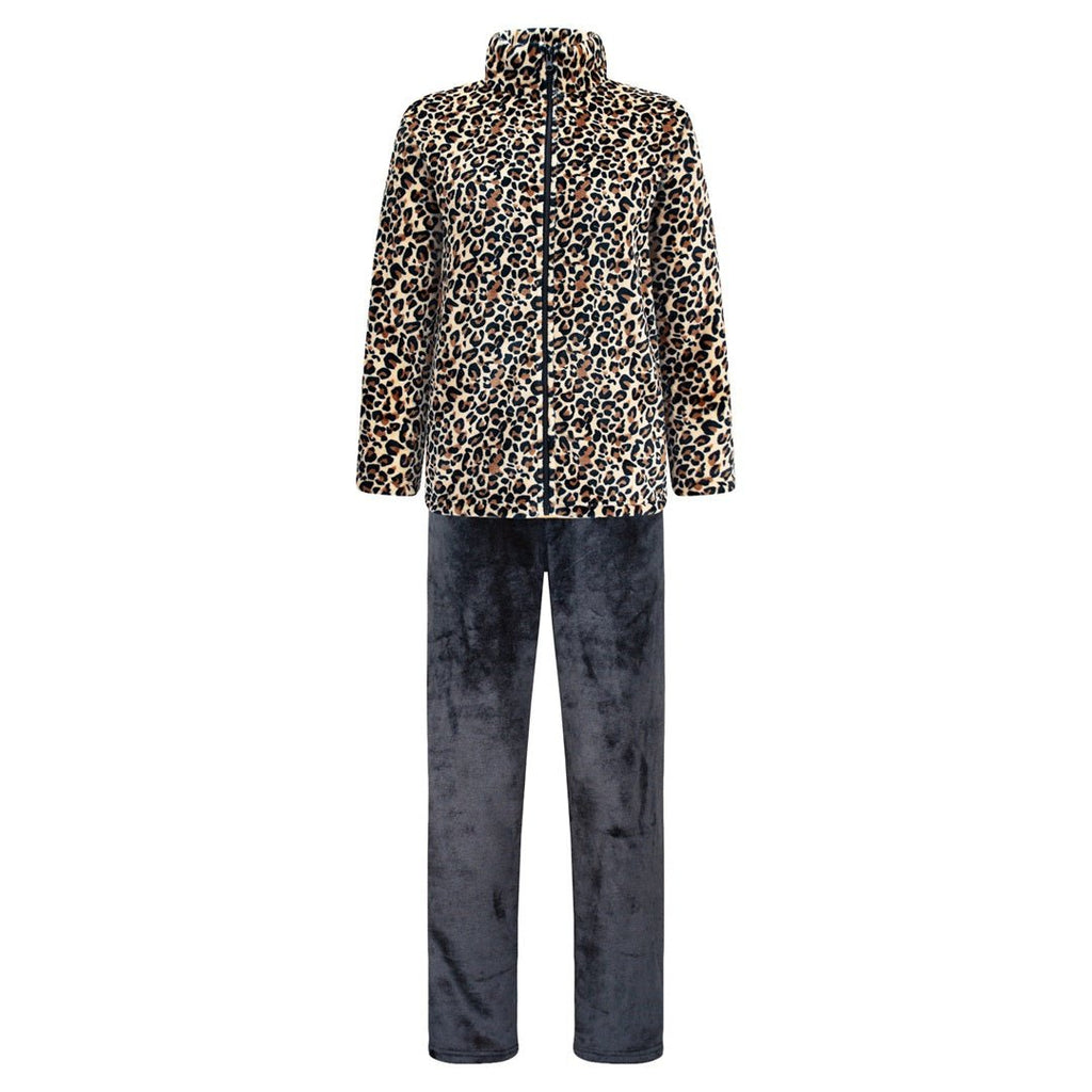 Fleece set dam med leopardmönstrad tröja och svarta byxor