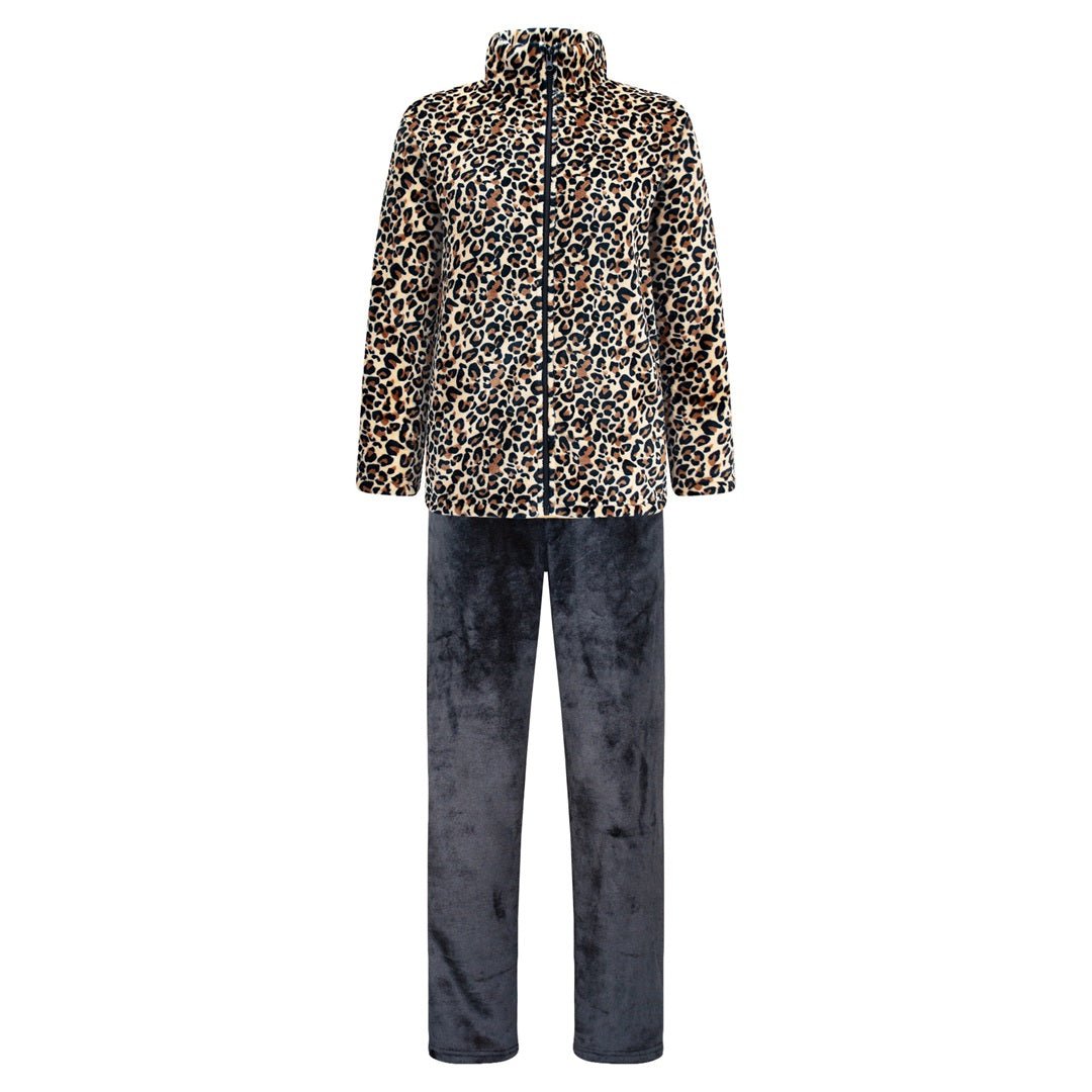 Fleece set dam med leopardmönstrad tröja och svarta byxor