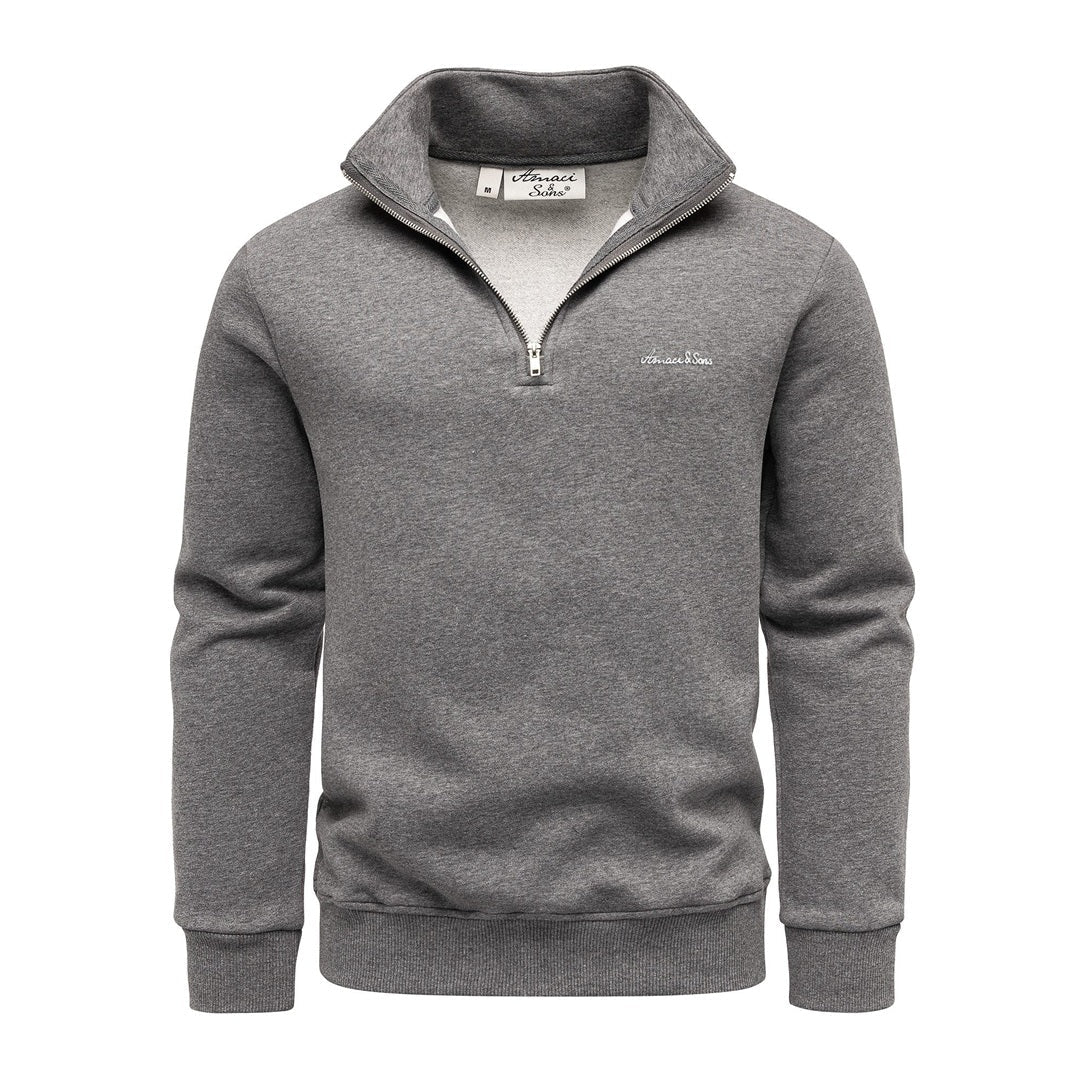 Mörkgrå half zip tröja herr med hög krage från Amaci & Sons