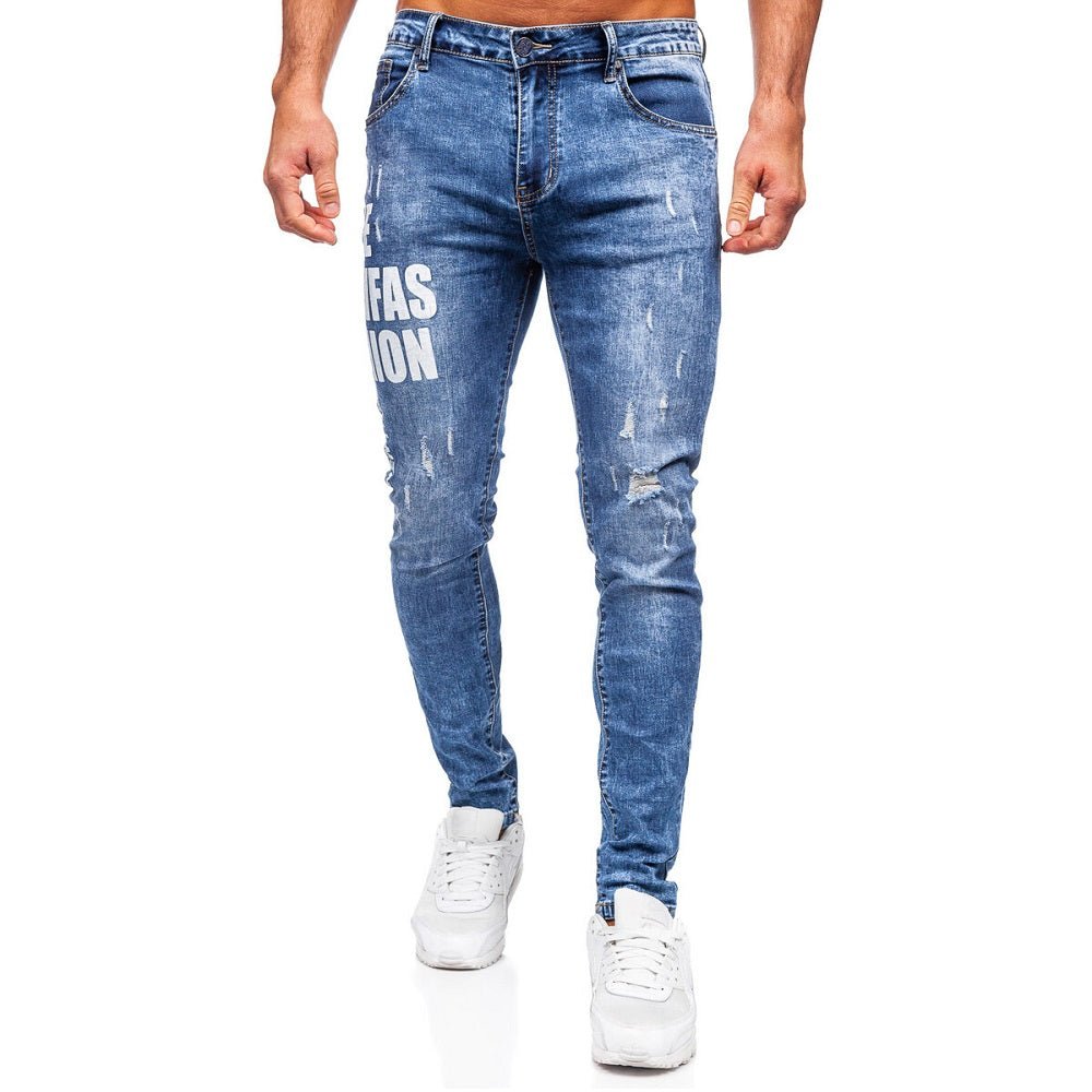 Blåa slim fit jeans - Herrjeans med tryck framifrån