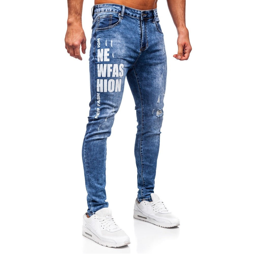 Blåa slim fit jeans - Herrjeans med tryck