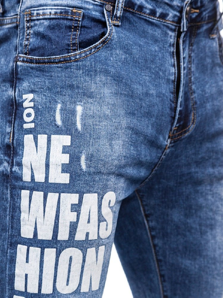 Blåa slim fit jeans - Herrjeans med tryck zoomad