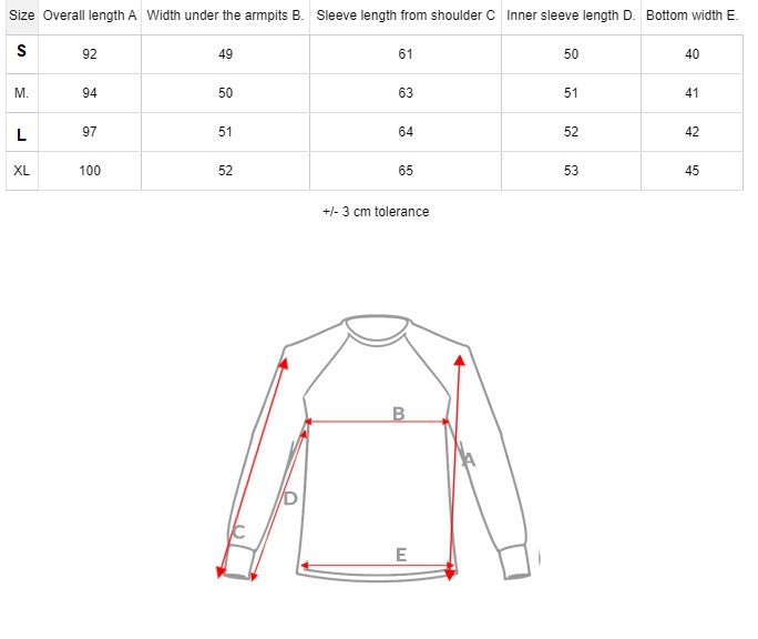 Storlekstabell Lång dam hoodie