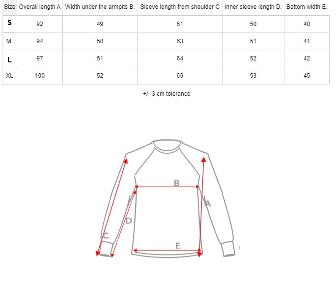 Storlekstabell Lång dam hoodie