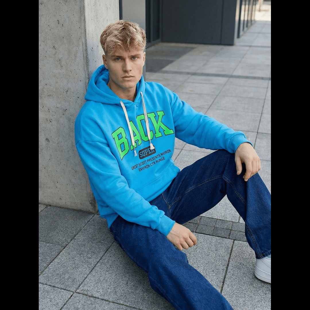 Hoodie ljusblå Back super huvtröja sittandes