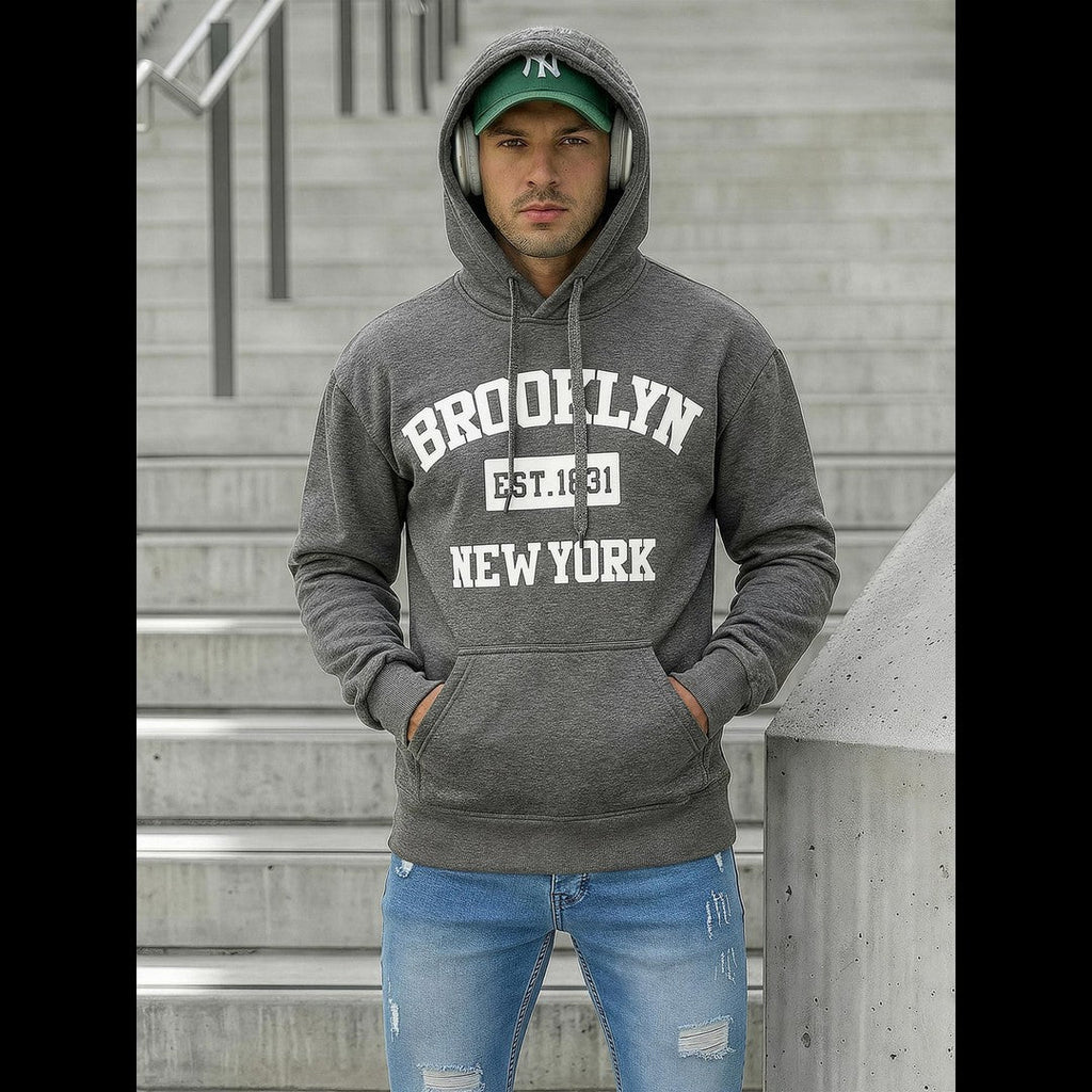 Grå hoodie för herr med Brooklyn New York-tryck i streetwear-stil
